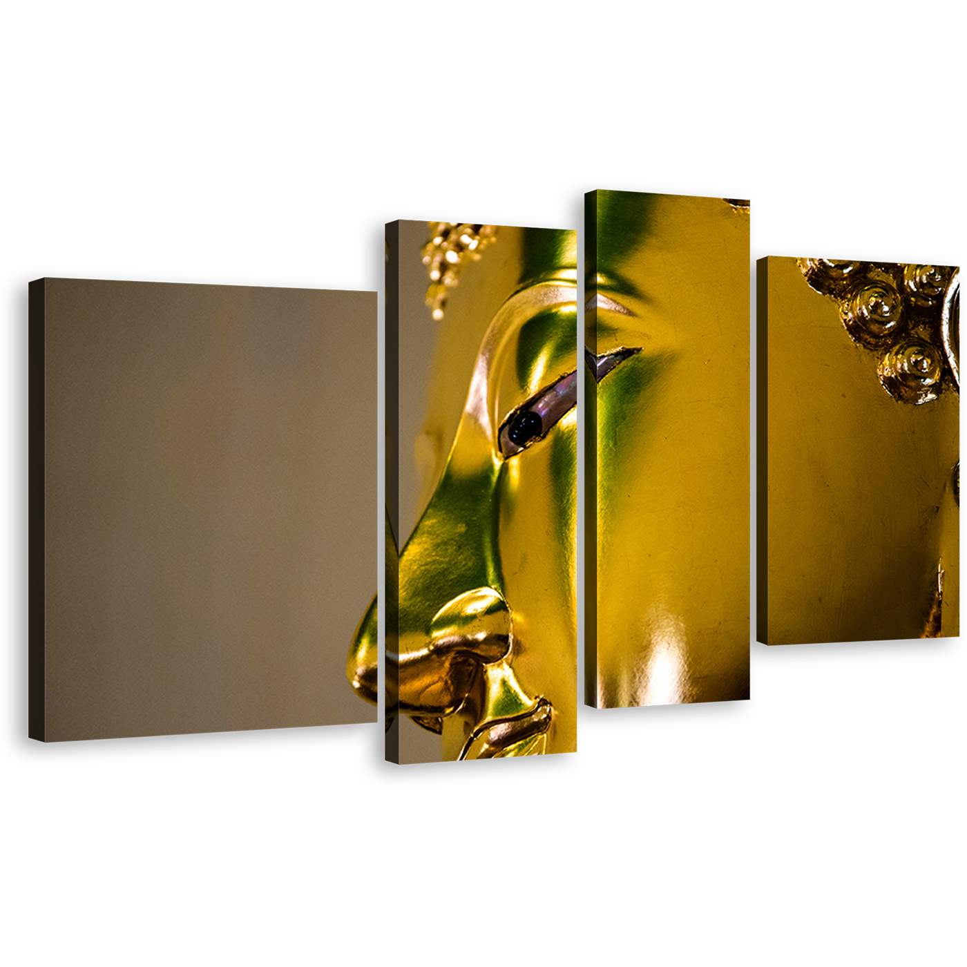 Buddha Face Canvas Wall Art, Statue Close Up Canvas Print, Gold Buddha Mind and Soul Canvas Set, Yellow Peaceful Buddha 4 Piece Canvas