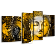 Load image into Gallery viewer, Buddha Face Canvas Wall Art, Yellow Peaceful Buddha Mind Soul 4 Piece Canvas Set, Buddha Meditation Canvas Print
