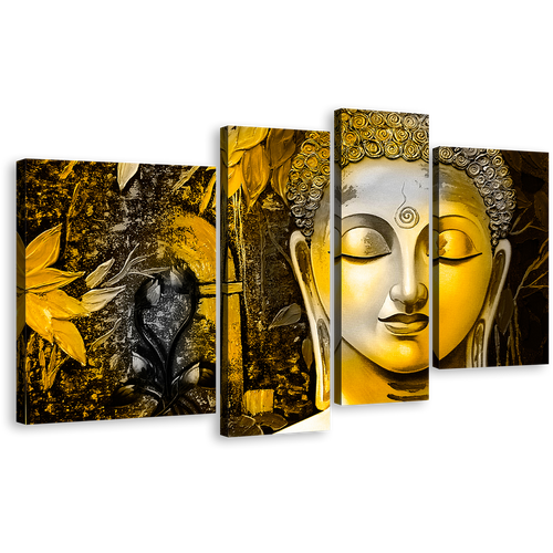 Buddha Face Canvas Wall Art, Yellow Peaceful Buddha Mind Soul 4 Piece Canvas Set, Buddha Meditation Canvas Print