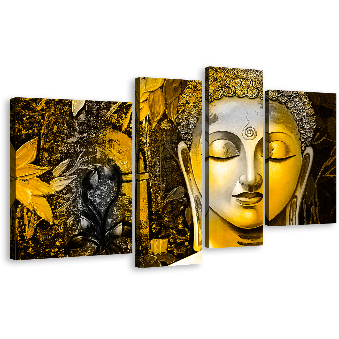 Buddha Face Canvas Wall Art, Yellow Peaceful Buddha Mind Soul 4 Piece Canvas Set, Buddha Meditation Canvas Print