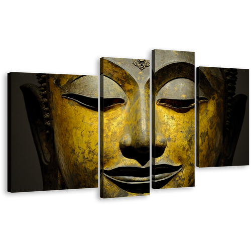 Buddha Face Canvas Wall Art, Yellow Peaceful Buddha Mind Soul 4 Piece Multi Canvas Artwork, Grey Buddha Meditation Canvas Print