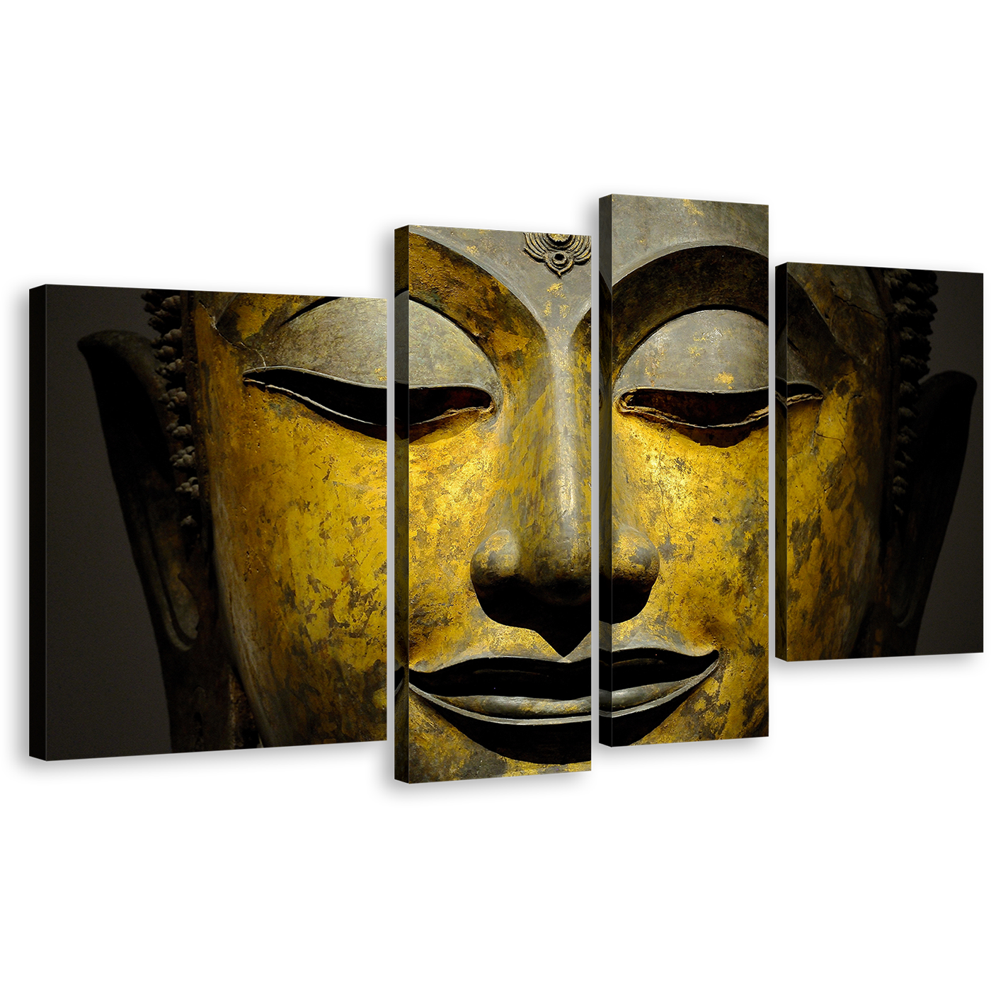 Buddha Face Canvas Wall Art, Yellow Peaceful Buddha Mind Soul 4 Piece Multi Canvas Artwork, Grey Buddha Meditation Canvas Print