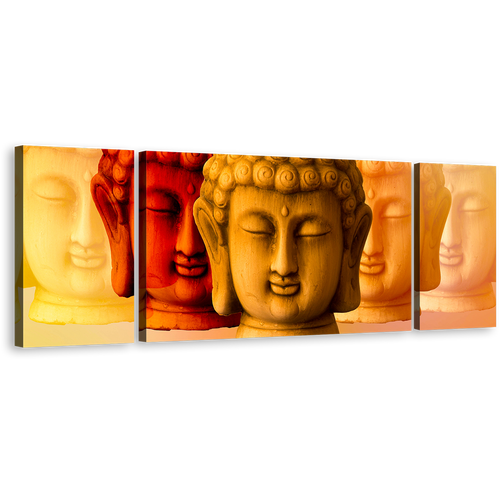 Buddha Faces Canvas Print, Mind Soul Buddha 3 Piece Multi Canvas, Red Yellow Buddha Shadows Canvas Wall Art