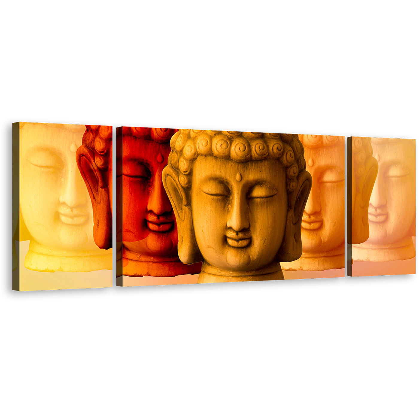 Buddha Faces Canvas Print, Mind Soul Buddha 3 Piece Multi Canvas, Red Yellow Buddha Shadows Canvas Wall Art