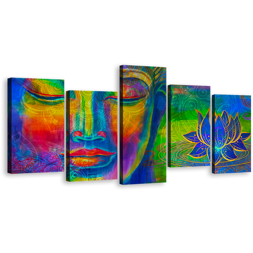 Buddha Head Canvas Print, Lord Buddha Face 5 Piece Wall Art, Colorful Buddha Canvas Set