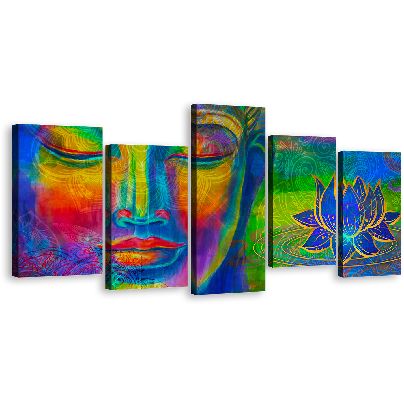 Buddha Head Canvas Print, Lord Buddha Face 5 Piece Wall Art, Colorful Buddha Canvas Set