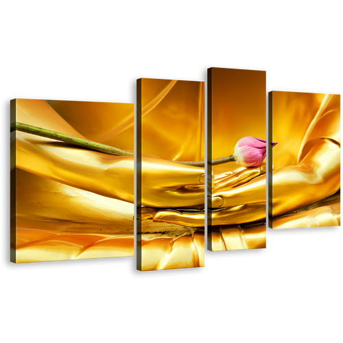 Buddha Meditation Canvas Print, Beautiful Golden Lord Buddha Close Up 4 Piece Canvas Wall Art