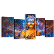 Load image into Gallery viewer, Buddha Meditation Canvas Wall Art, Blue Light Buddha Canvas Print, Orange Buddha Digital Oil Painting 5 Piece Canvas
