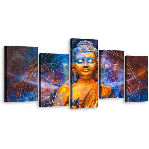 Buddha Meditation Canvas Wall Art, Blue Light Buddha Canvas Print, Orange Buddha Digital Oil Painting 5 Piece Canvas