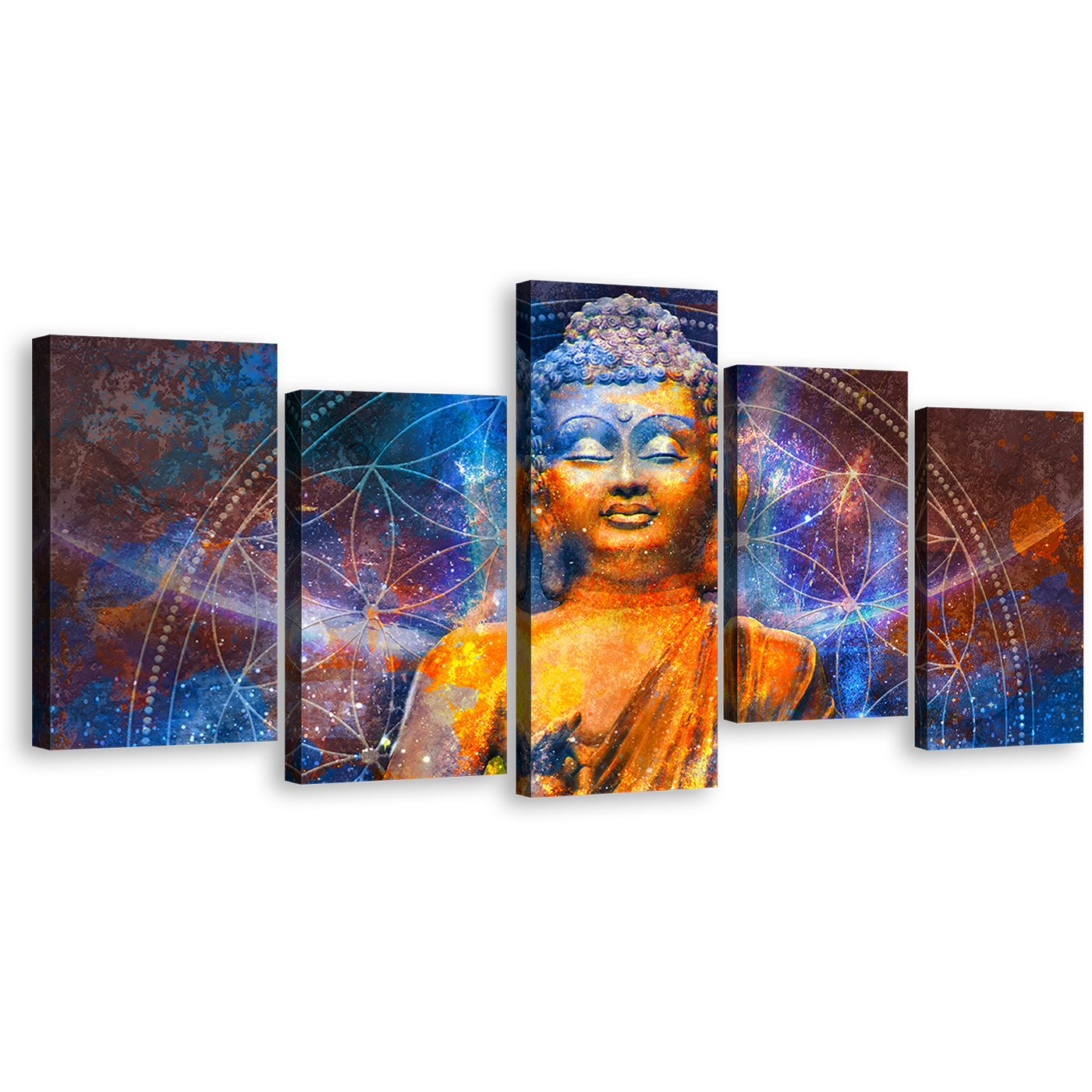 Buddha Meditation Canvas Wall Art, Blue Light Buddha Canvas Print, Orange Buddha Digital Oil Painting 5 Piece Canvas