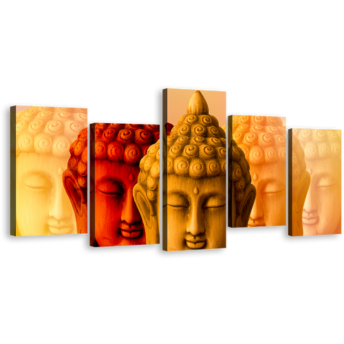 Buddha Meditation Canvas Wall Art, Buddha Faces 5 Piece Canvas Print, Red Yellow Buddha Shadows Multiple Canvas