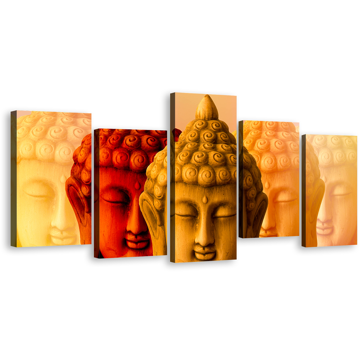 Buddha Meditation Canvas Wall Art, Buddha Faces 5 Piece Canvas Print, Red Yellow Buddha Shadows Multiple Canvas