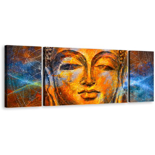 Buddha Meditation Canvas Wall Art, Gold Buddha Face Multi Canvas, Yellow Peaceful Buddha Canvas 3 Piece Canvas Print