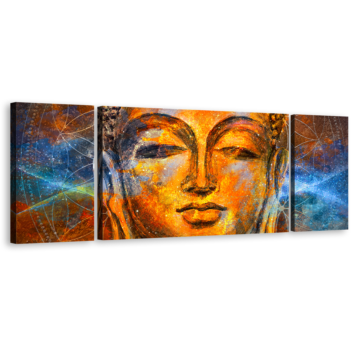 Buddha Meditation Canvas Wall Art, Gold Buddha Face Multi Canvas, Yellow Peaceful Buddha Canvas 3 Piece Canvas Print