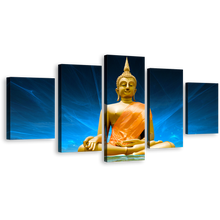 Load image into Gallery viewer, Buddha Meditation Canvas Wall Art, Gold Buddha Statue 5 Piece Canvas Print, Blue Scenic Lighting Background Buddha Multiple Canvas
