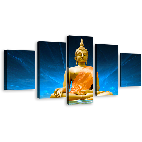 Buddha Meditation Canvas Wall Art, Gold Buddha Statue 5 Piece Canvas Print, Blue Scenic Lighting Background Buddha Multiple Canvas