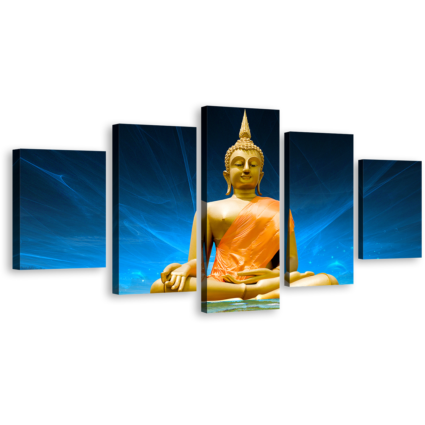 Buddha Meditation Canvas Wall Art, Gold Buddha Statue 5 Piece Canvas Print, Blue Scenic Lighting Background Buddha Multiple Canvas