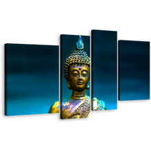 Load image into Gallery viewer, Buddha Meditation Canvas Wall Art, Gold Peaceful Buddha Statue Canvas Print, Blue Background Buddha 4 Piece Multiple Canvas
