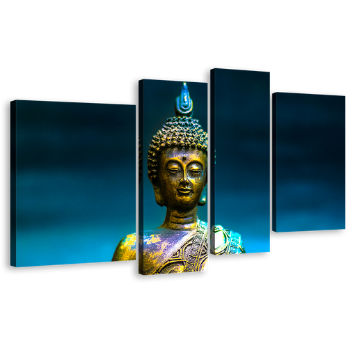 Buddha Meditation Canvas Wall Art, Gold Peaceful Buddha Statue Canvas Print, Blue Background Buddha 4 Piece Multiple Canvas