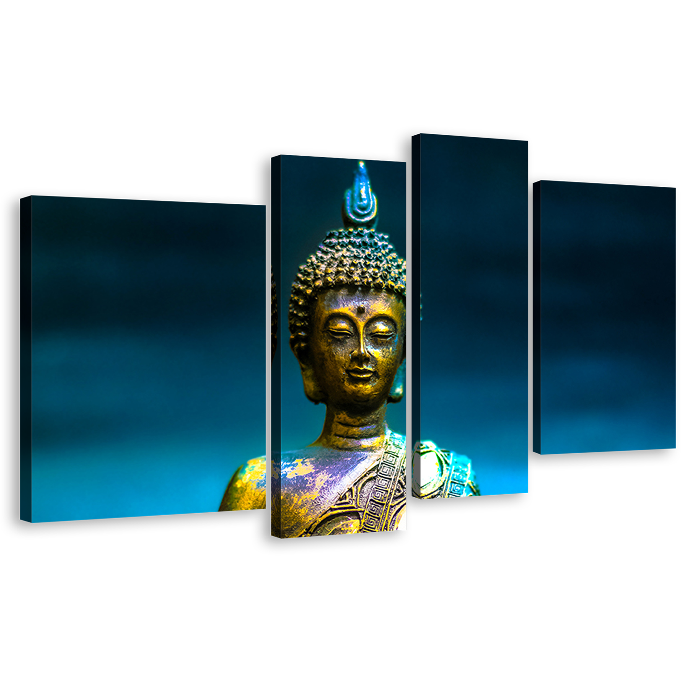 Buddha Meditation Canvas Wall Art, Gold Peaceful Buddha Statue Canvas Print, Blue Background Buddha 4 Piece Multiple Canvas