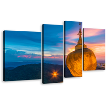 Load image into Gallery viewer, Buddha Skyline Canvas Wall Art, Blue Sky Kyaiktiyo Pagoda 4 Piece Multiple Canvas, Orange Treasure of Buddhism Canvas Print
