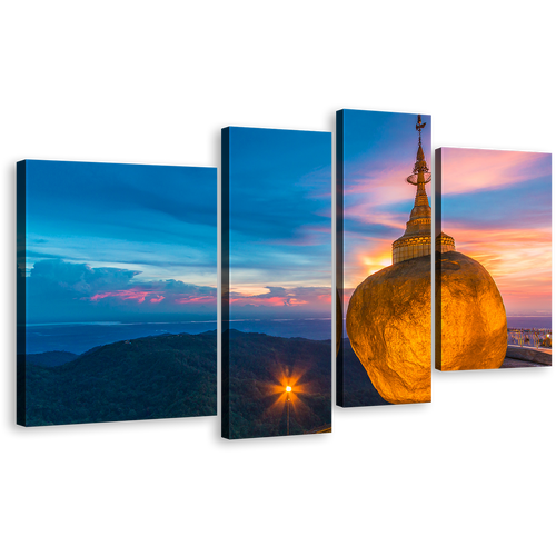 Buddha Skyline Canvas Wall Art, Blue Sky Kyaiktiyo Pagoda 4 Piece Multiple Canvas, Orange Treasure of Buddhism Canvas Print