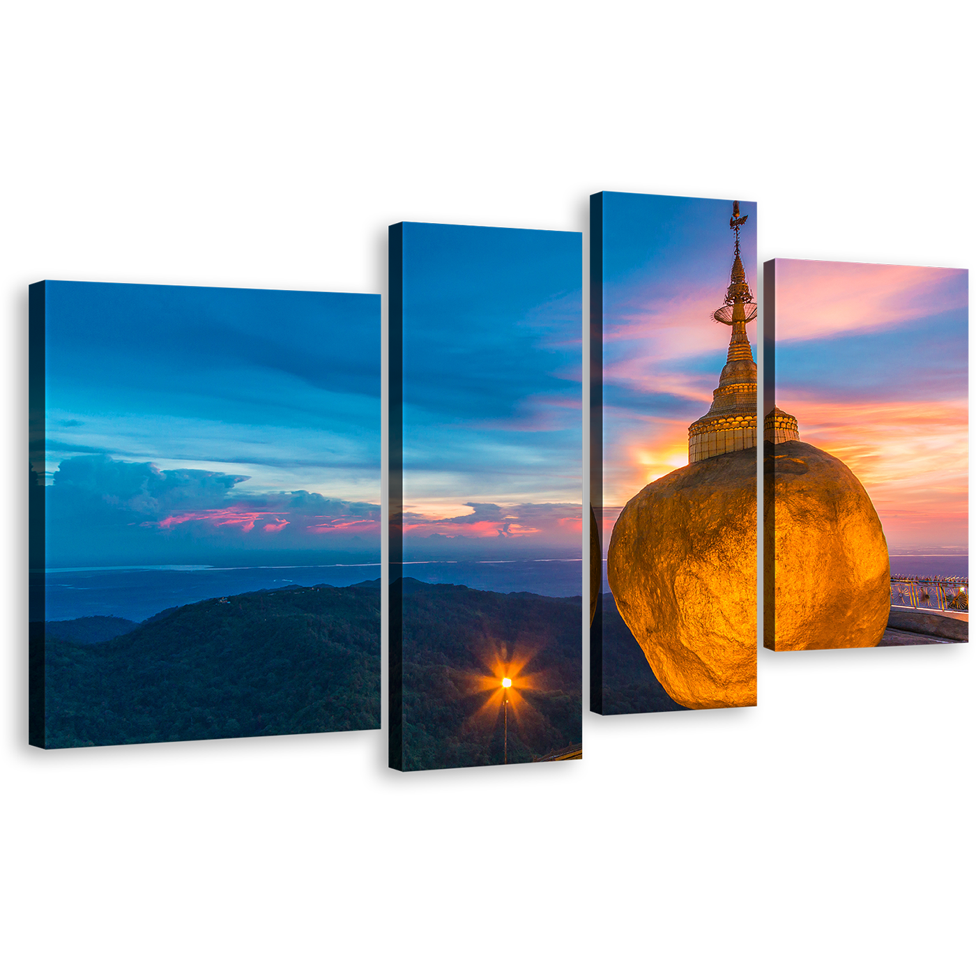 Buddha Skyline Canvas Wall Art, Blue Sky Kyaiktiyo Pagoda 4 Piece Multiple Canvas, Orange Treasure of Buddhism Canvas Print