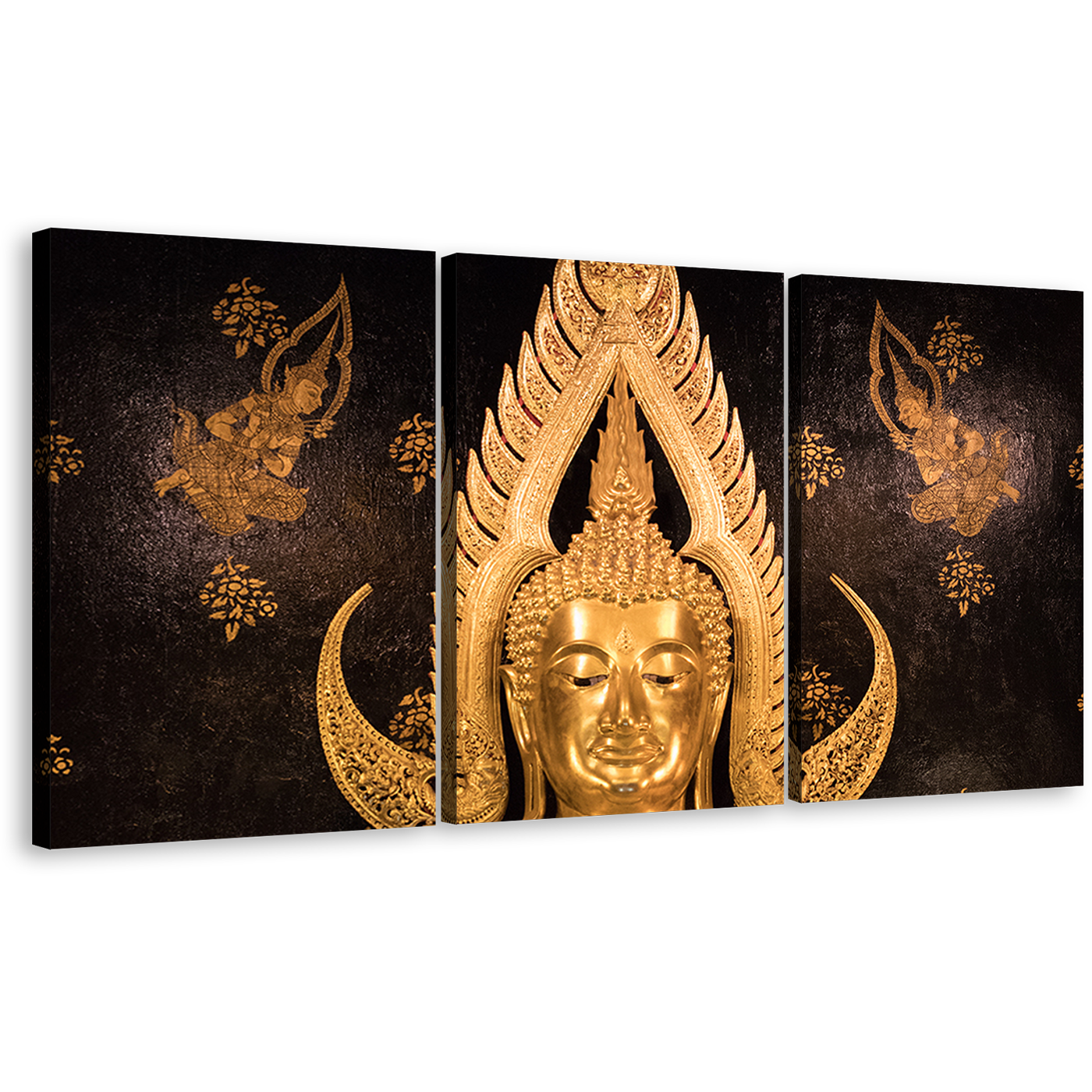 Buddha Statue Canvas Print, Beautiful Buddha Temple 3 Piece Canvas Wall Art, Golden Buddha Multi Canvas