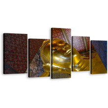 Load image into Gallery viewer, Buddha Statue Canvas Print, Gold Buddha Temple Canvas Set, Wat Phra Chetuphon Vimolmangklaram 5 Piece Canvas Wall Art
