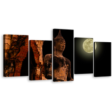 Load image into Gallery viewer, Buddha Statue Canvas Wall Art, Black Sky Full Moon Buddha Temple 5 Piece Canvas, Big Oldest Brown Buddha Canvas Print
