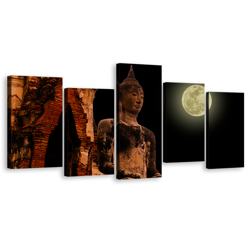 Buddha Statue Canvas Wall Art, Black Sky Full Moon Buddha Temple 5 Piece Canvas, Big Oldest Brown Buddha Canvas Print