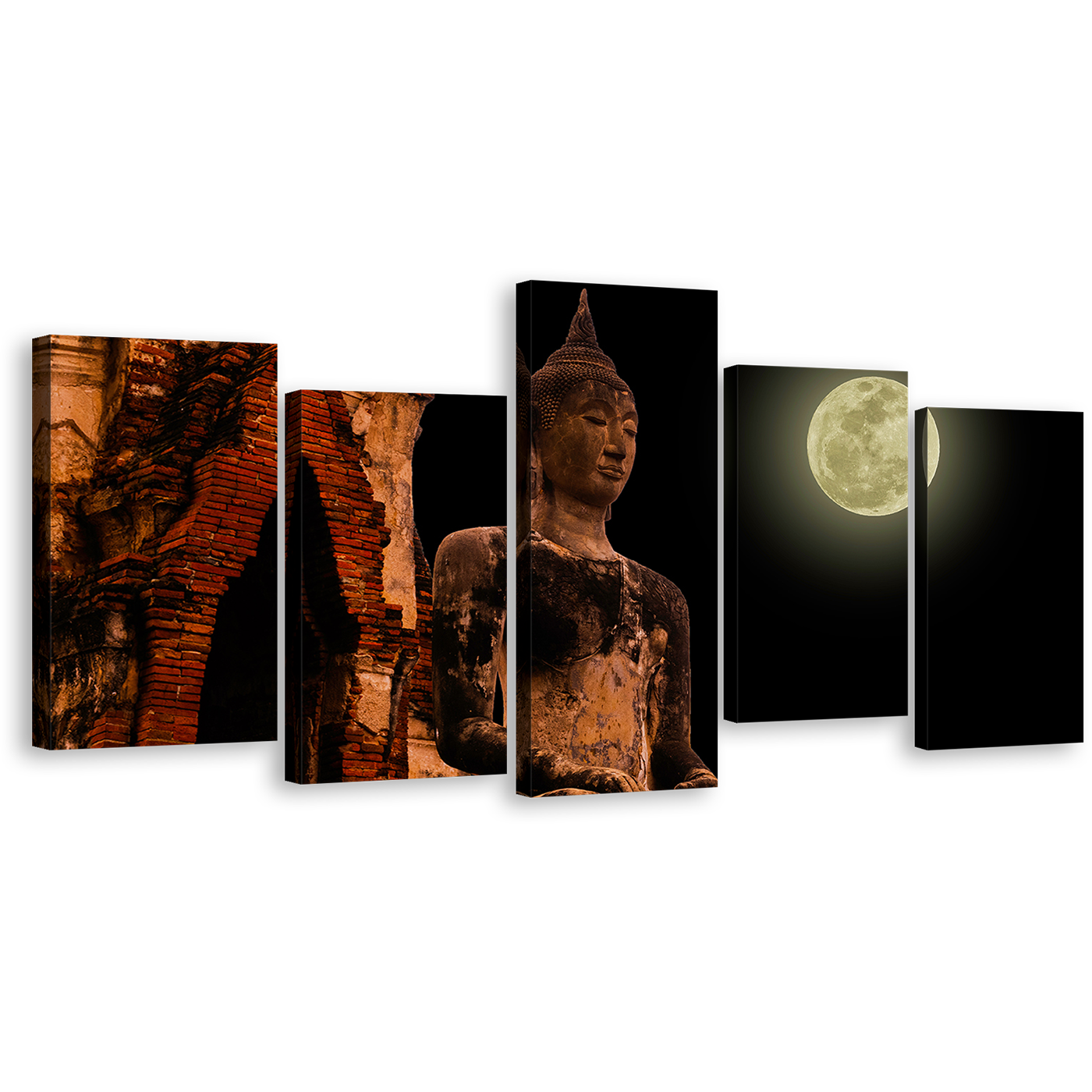 Buddha Statue Canvas Wall Art, Black Sky Full Moon Buddha Temple 5 Piece Canvas, Big Oldest Brown Buddha Canvas Print