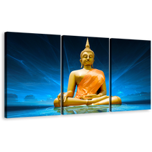 Load image into Gallery viewer, Buddha Statue Canvas Wall Art, Blue Lighting Background Gold Buddha 3 Piece Canvas Print, Big Yellow Lord Buddha Triptych Multiple Canvas
