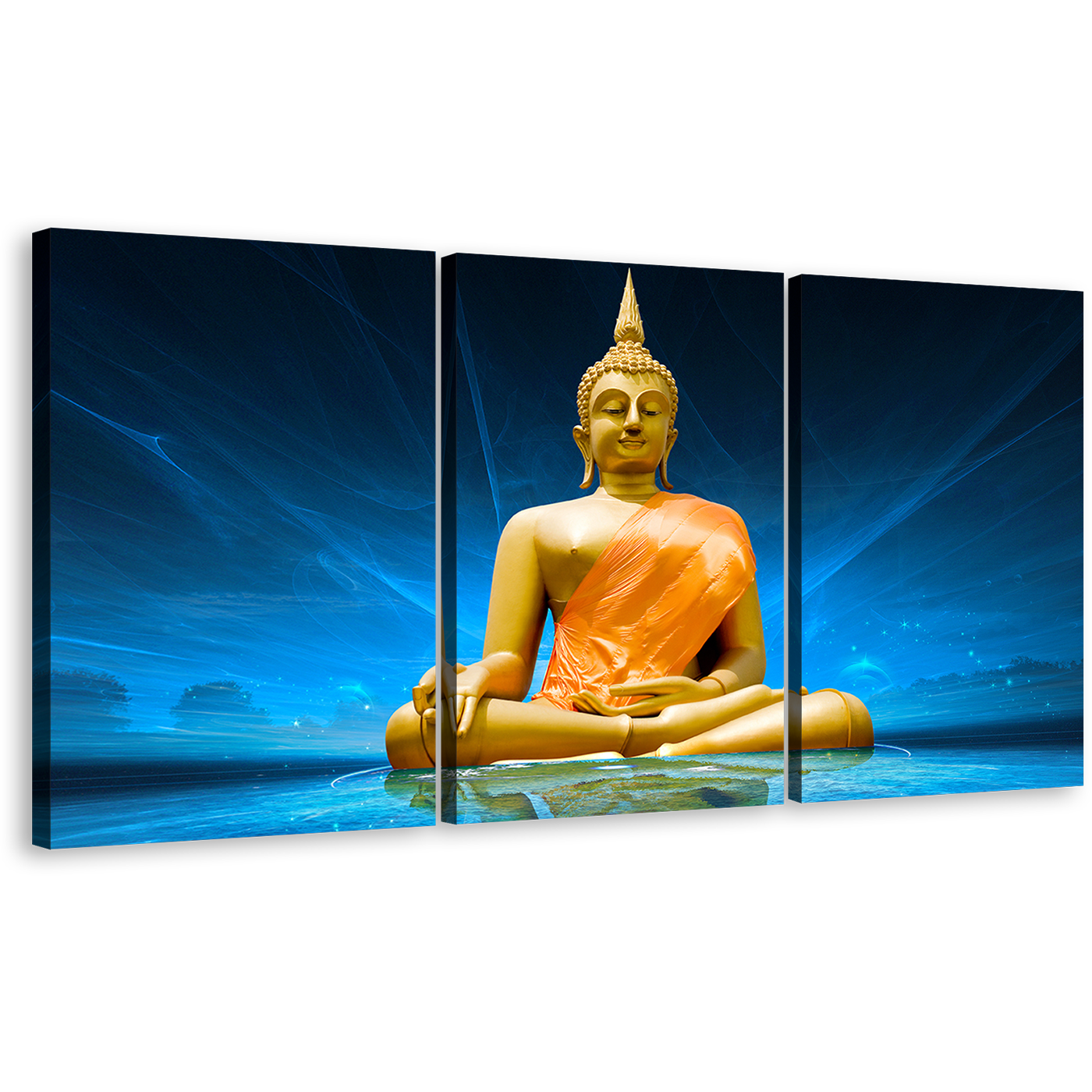 Buddha Statue Canvas Wall Art, Blue Lighting Background Gold Buddha 3 Piece Canvas Print, Big Yellow Lord Buddha Triptych Multiple Canvas