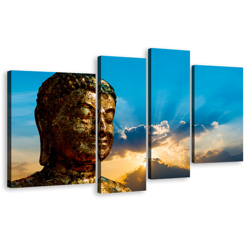 Buddha Statue Canvas Wall Art, Blue Sky Sunrise Buddha 4 Piece Canvas Print, Brown Buddha Mind and Soul Multiple Canvas