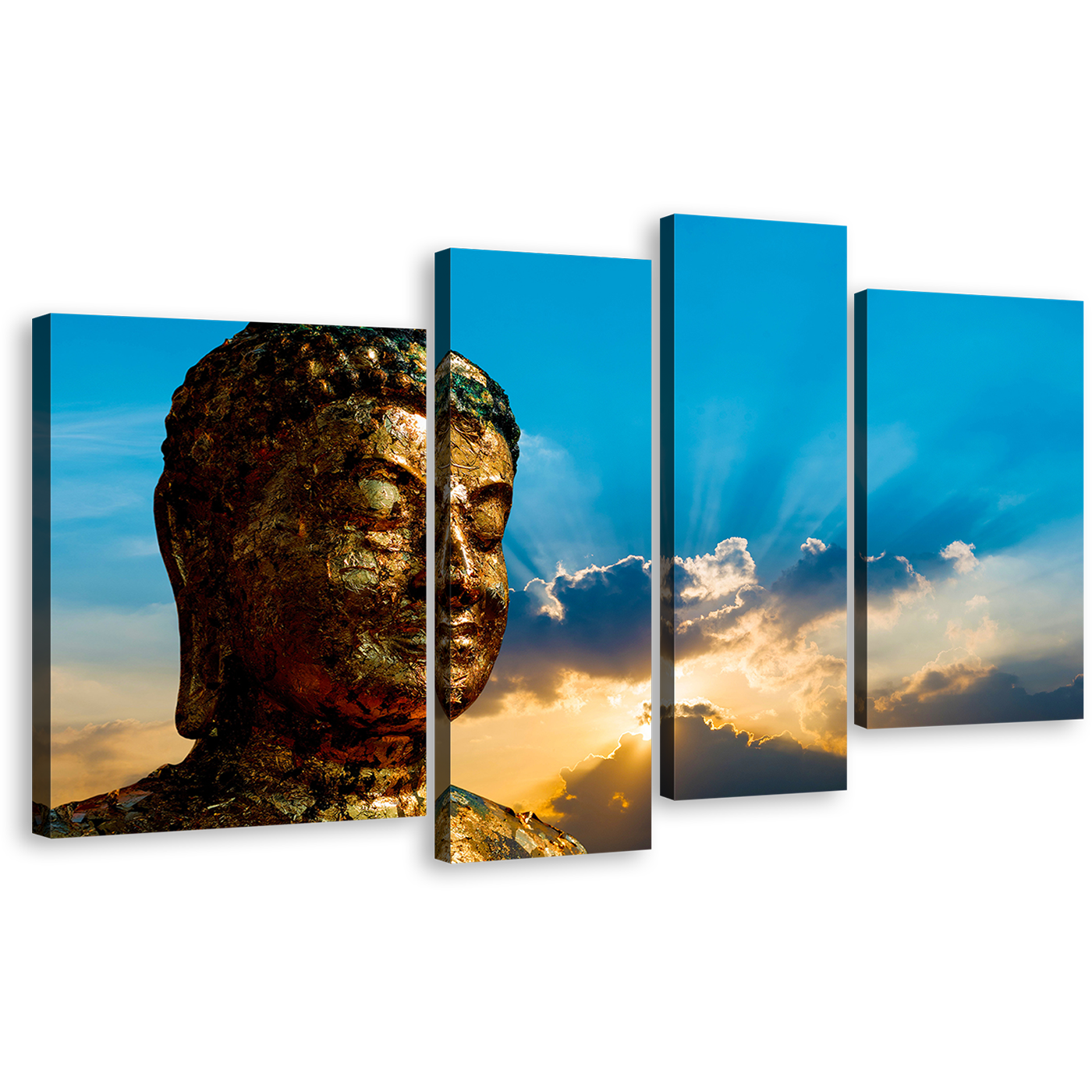 Buddha Statue Canvas Wall Art, Blue Sky Sunrise Buddha 4 Piece Canvas Print, Brown Buddha Mind and Soul Multiple Canvas