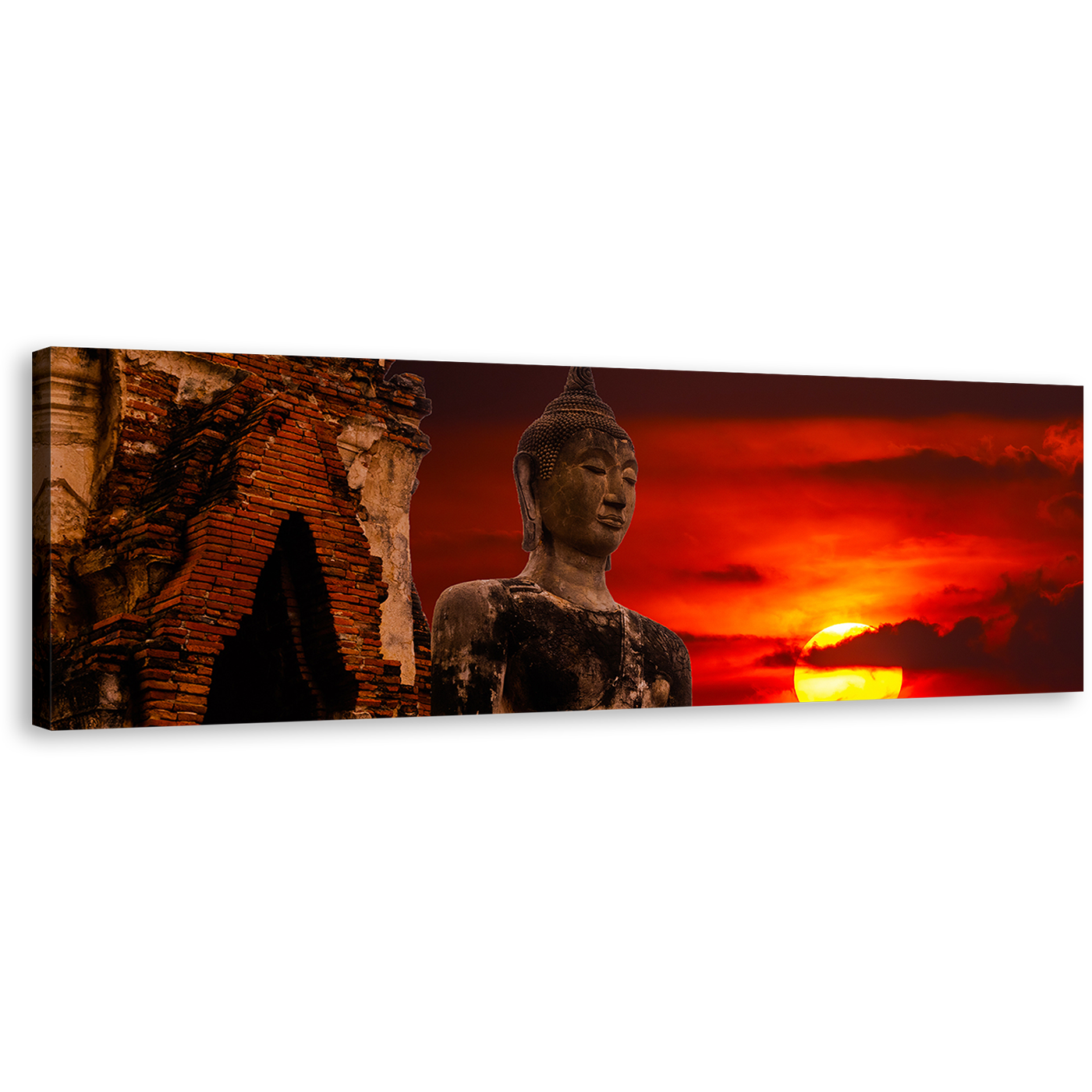 Buddha Statue Canvas Wall Art, Cloudy Red Sky Sunset Buddha 1 Piece Canvas Artwork, Big Oldest Brown Buddha Statue Canvas Print