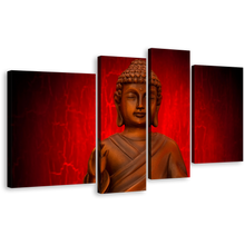 Load image into Gallery viewer, Buddha Statue Canvas Wall Art, Orange Buddha Meditation 4 Piece Canvas Print, Red Background Lord Buddha Canvas Set
