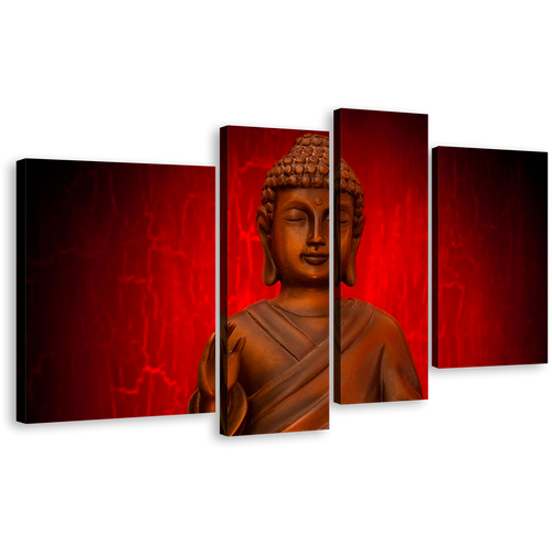 Buddha Statue Canvas Wall Art, Orange Buddha Meditation 4 Piece Canvas Print, Red Background Lord Buddha Canvas Set