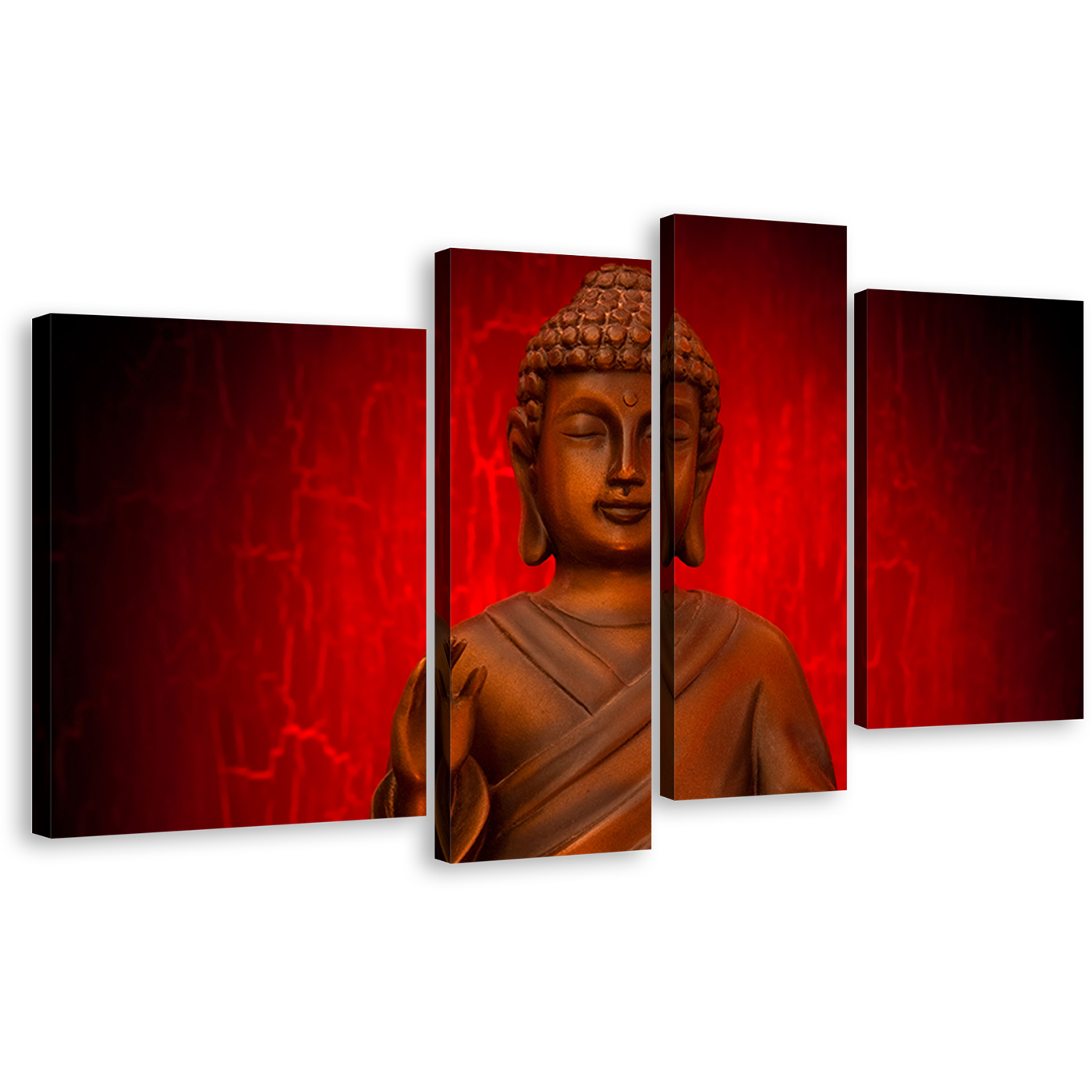 Buddha Statue Canvas Wall Art, Orange Buddha Meditation 4 Piece Canvas Print, Red Background Lord Buddha Canvas Set