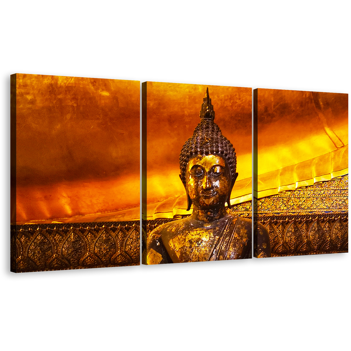 Buddha Statue Canvas Wall Art, Thailand Brown Buddha Canvas Print, Wat Pho Buddhist Temple 3 Piece Multi Canvas Artwork