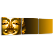 Load image into Gallery viewer, Buddha Statue Canvas Wall Art, Yellow Background Buddha 3 Piece Multiple Canvas, Gold Buddha Mind and Soul Canvas Print
