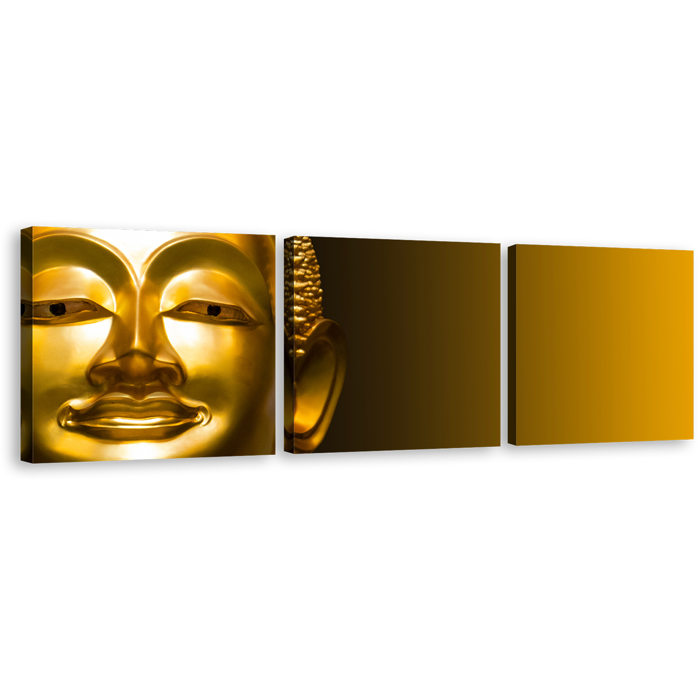 Buddha Statue Canvas Wall Art, Yellow Background Buddha 3 Piece Multiple Canvas, Gold Buddha Mind and Soul Canvas Print