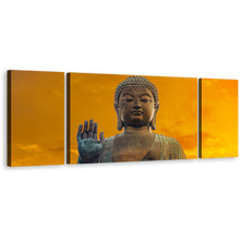 Load image into Gallery viewer, Buddha Statue Canvas Wall Art, Yellow Sky Hong Kong Buddha Multi Canvas, Close Up Tian Tan Buddha 3 Piece Canvas, Big Brown Buddha Canvas Print
