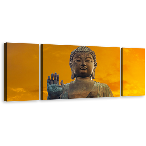 Buddha Statue Canvas Wall Art, Yellow Sky Hong Kong Buddha Multi Canvas, Close Up Tian Tan Buddha 3 Piece Canvas, Big Brown Buddha Canvas Print