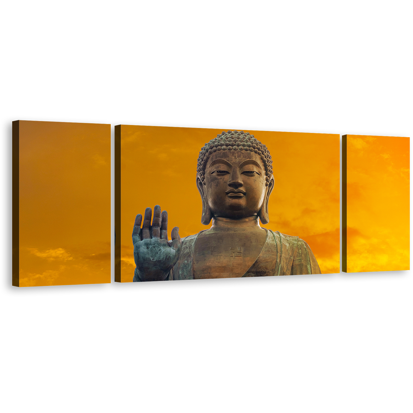 Buddha Statue Canvas Wall Art, Yellow Sky Hong Kong Buddha Multi Canvas, Close Up Tian Tan Buddha 3 Piece Canvas, Big Brown Buddha Canvas Print