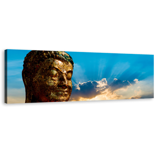 Buddha Sunrise Canvas Wall Art, Brown Buddha Canvas Print, Blue Sky Buddha Statue Panoramic Canvas Artwork