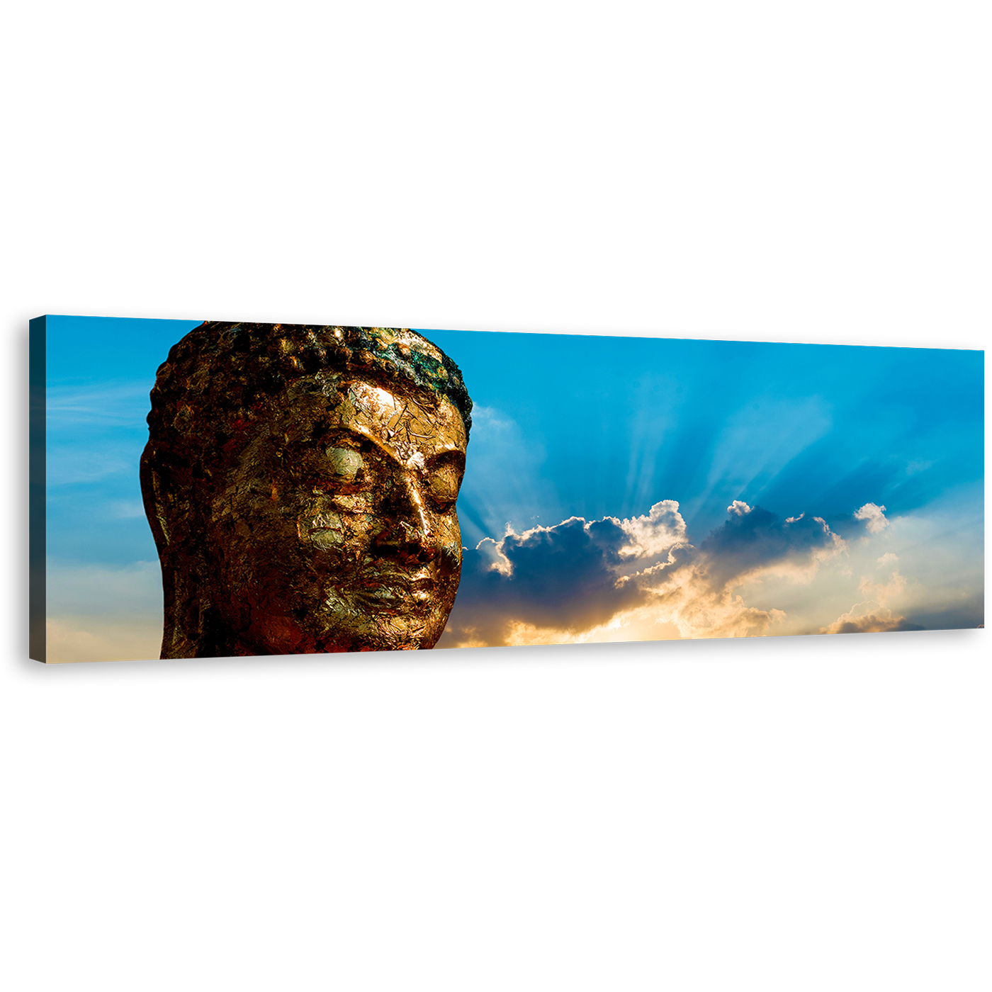 Buddha Sunrise Canvas Wall Art, Brown Buddha Canvas Print, Blue Sky Buddha Statue Panoramic Canvas Artwork