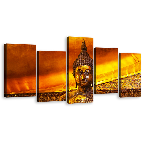 Buddha Temple Canvas Print, Buddhist Temple In Thailand 5 Piece Canvas Wall Art, Gold Brown Buddha Multiple Canvas