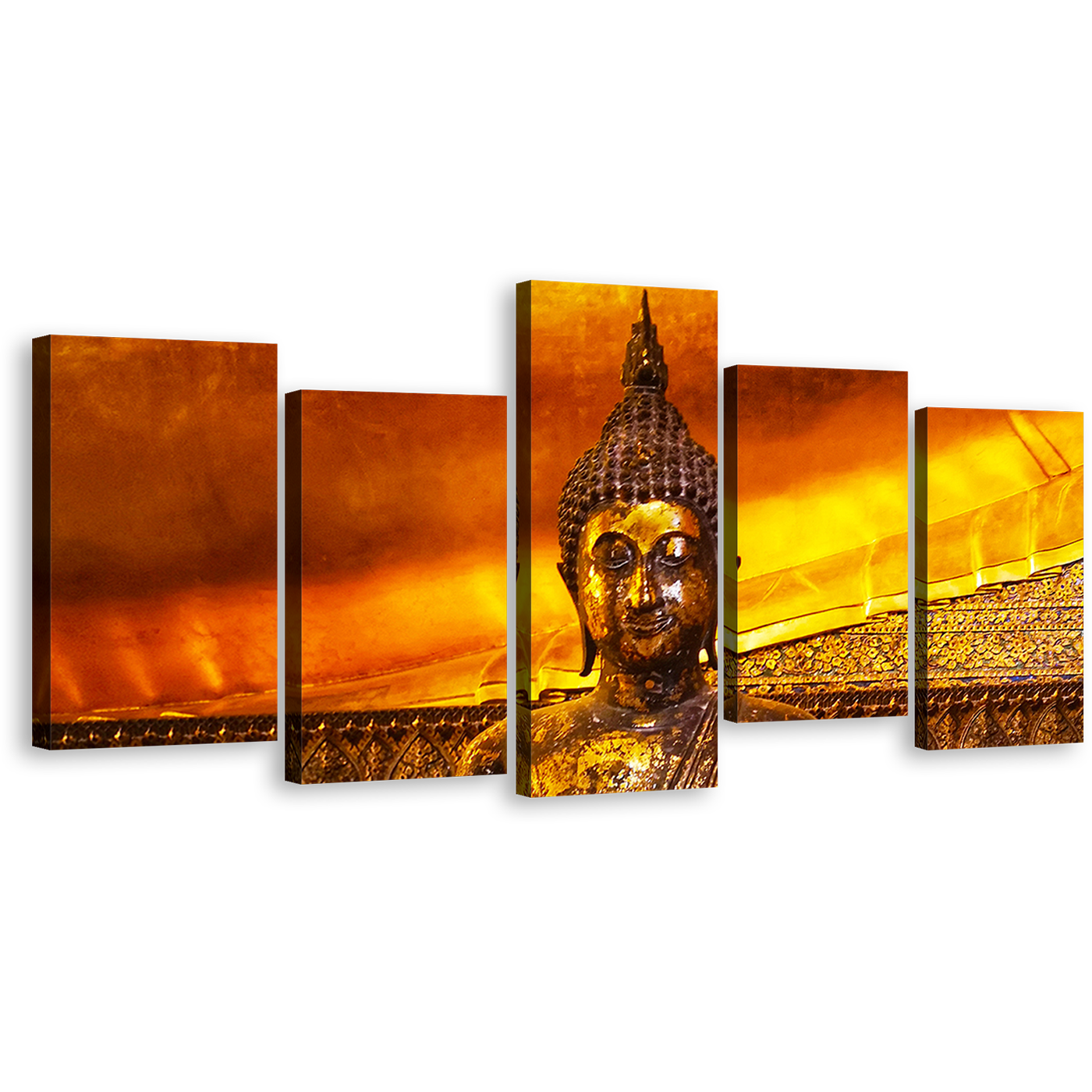 Buddha Temple Canvas Print, Buddhist Temple In Thailand 5 Piece Canvas Wall Art, Gold Brown Buddha Multiple Canvas